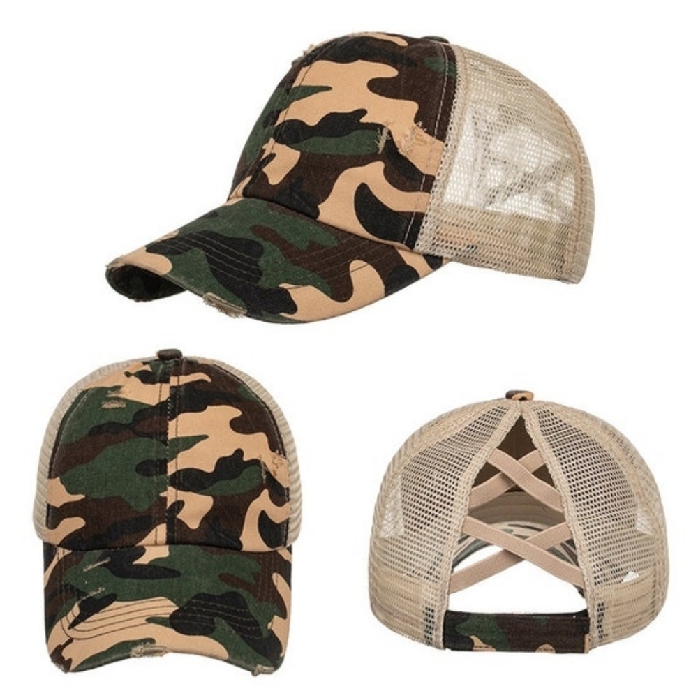 Adjustable Ponytail Beige Camo Mesh Distressed Trucker Hat
